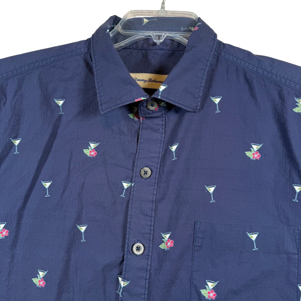 Tommy Bahama Shirt Mens Large Blue Martini Hibiscus Print Cotton Short Sleeve